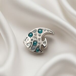 Silver Fish Stud Earrings w/ Teal Crystals Accents– Hypoallergenic Nickel-Free